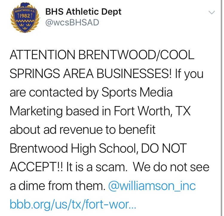 Brentwood High School AD warns local businesses of resurfaced athletics scam