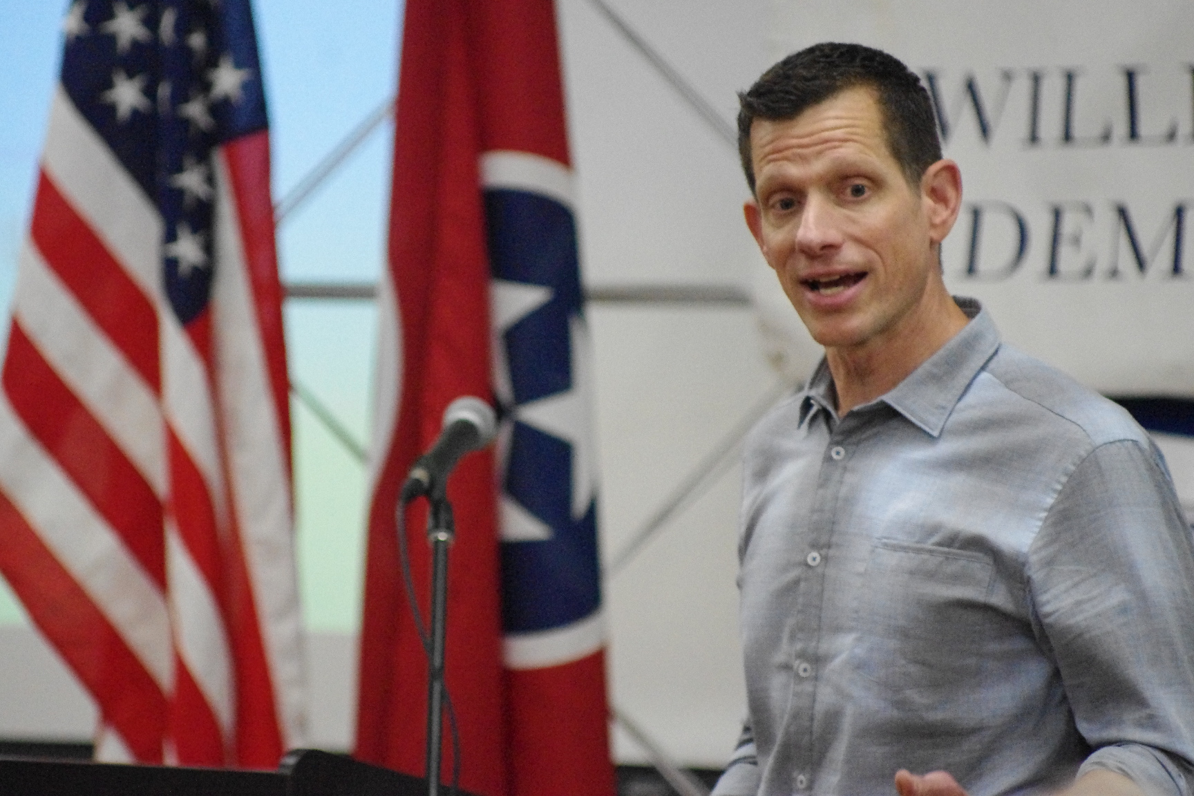 Democratic U.S. Senate Candidate James Mackler breaks down positions on health care, gun control and more during campaign rally in Franklin